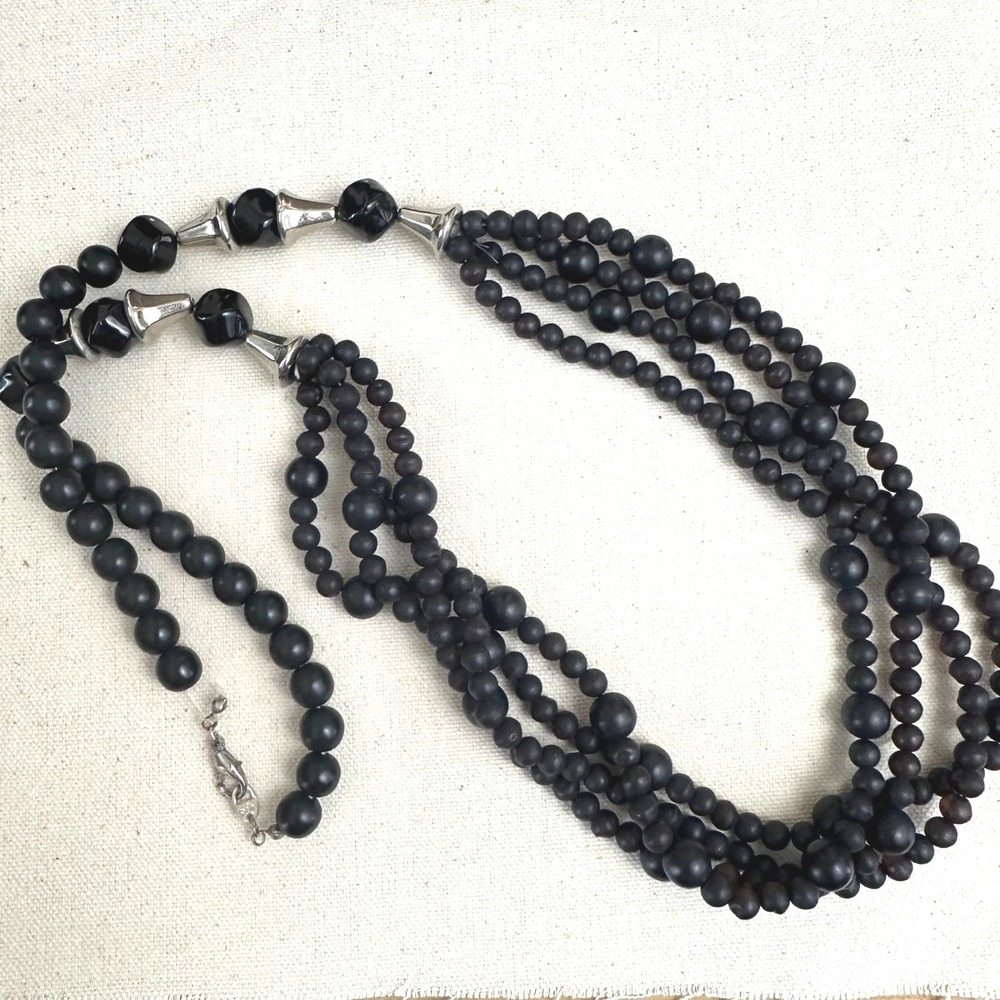 Vintage Mirabo Signed Black Beaded Long Necklace Multi Strand Long